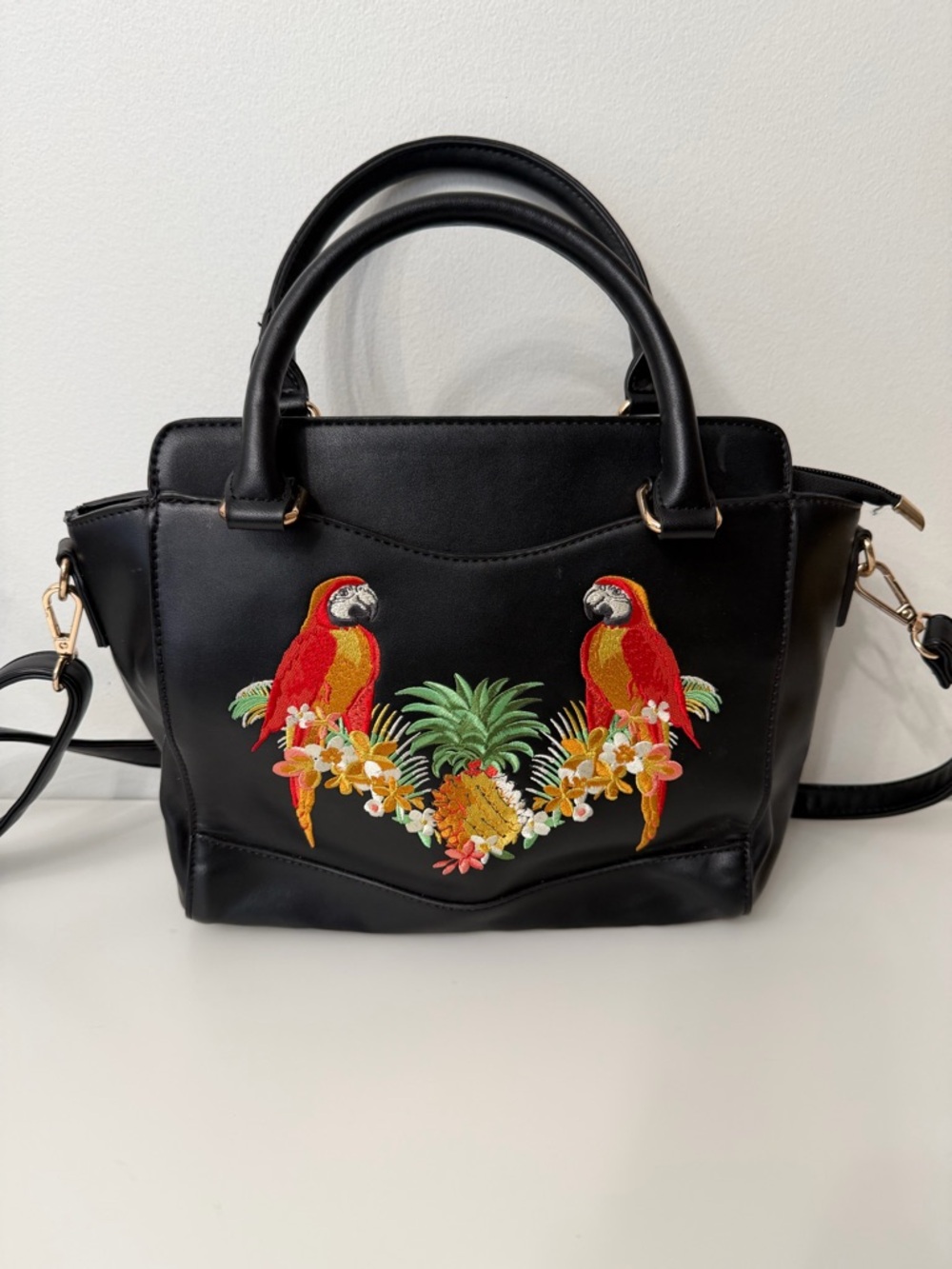 Retro Black Purse with Embroidery Tropical Parrots  and  Pineapples